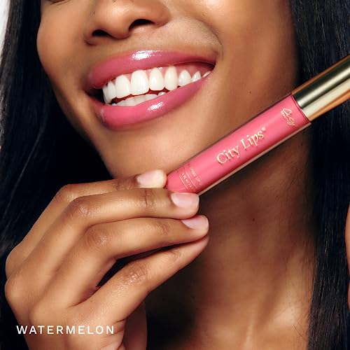 City Beauty City Lips Watermelon gloss swirl adds high-shine volume.