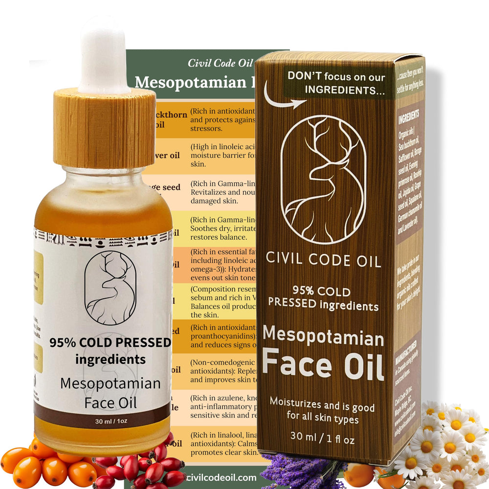 Civil Code Mesopotamian Face Oil bottle displaying compact hydration for daily skincare.
