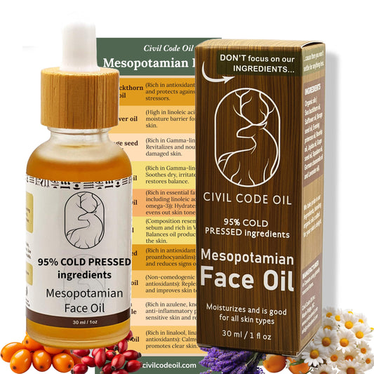 Civil Code Mesopotamian Face Oil bottle displaying compact hydration for daily skincare.