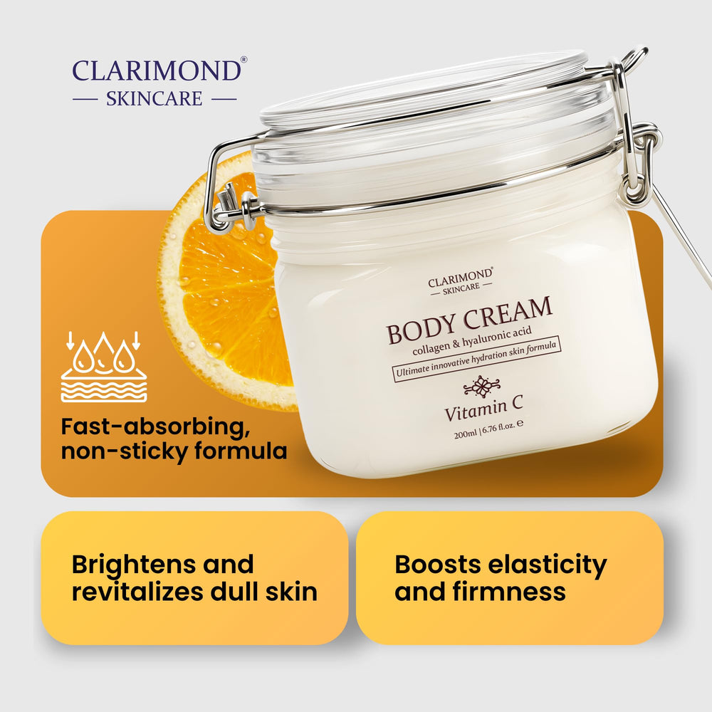 Clarimond cream highlighting hyaluronic acid and collagen peptides for hydration.