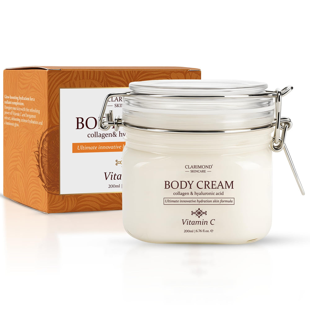 Close-up of Clarimond Vitamin C Body Cream texture showing light absorption.