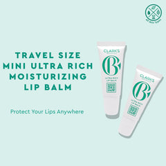 Clark's Botanicals Mini Ultra Rich Lip Balm close-up shows shea, mango, avocado butters.