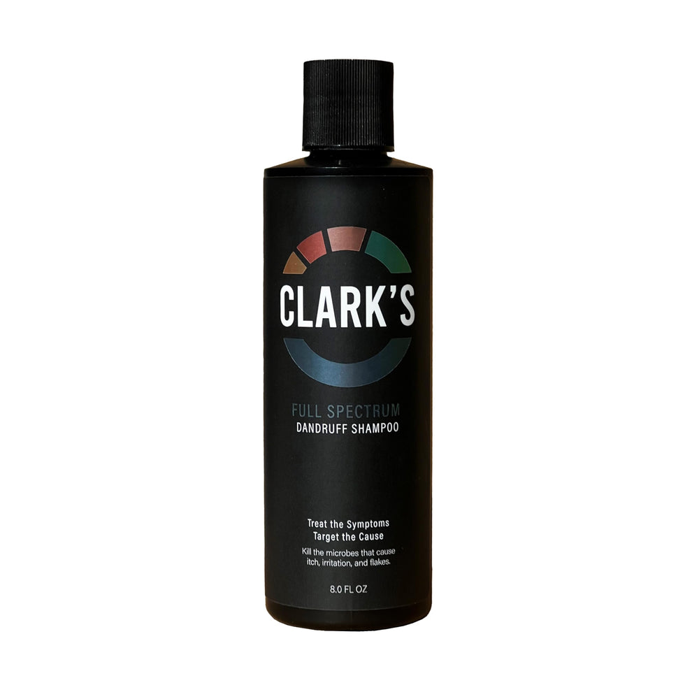 Clark's Full Spectrum Dandruff Shampoo bottle highlighting dandruff control ingredients.