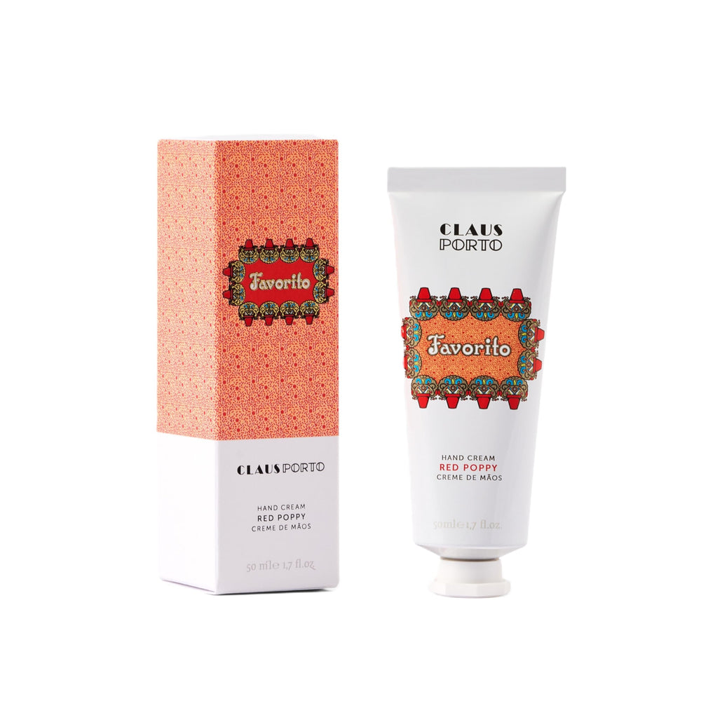 Claus Porto Favorito Red Poppy Hand Cream in an aluminum tube with rapid-absorption hydration.