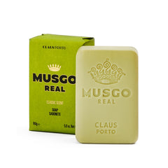 Claus Porto Musgo Real classic soap bottle closeup for daily cleansing with fresh woody scent.