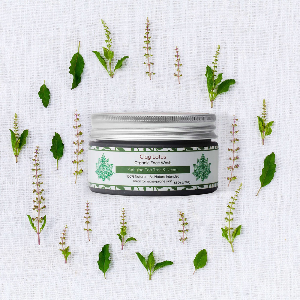 Clay Lotus cleanser on a counter suits teens and adults with oily skin