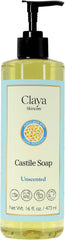 Claya Liquid Castile Soap bottle highlights organic oil blend for gentle cleansing.
