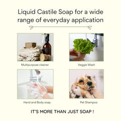 Claya Liquid Castile Soap multi-use diagram shows many room applications.
