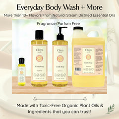 Claya organic oils blend banner shows olive, coconut, and castor for cleansing.
