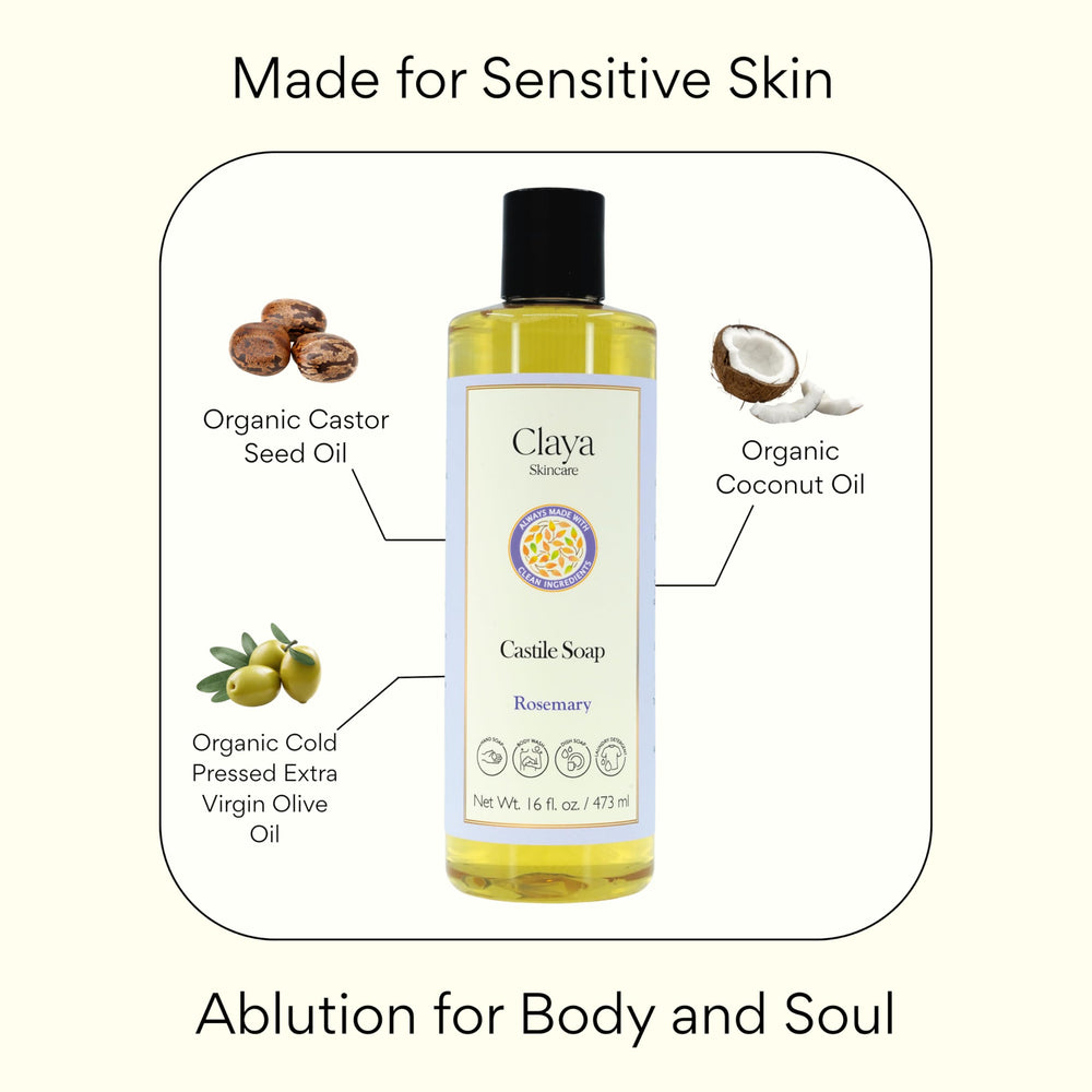 Claya Organic olive coconut castor oil blend offers natural cleansing power.