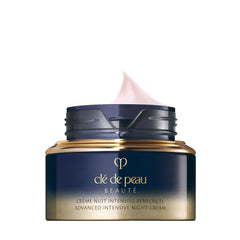 Advanced Night Cream texture close-up reveals silky, cushiony formula ready for nightly use.