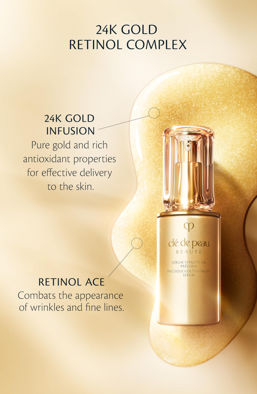 Drop being dispensed from Precious Gold Vitality Serum for precise use.