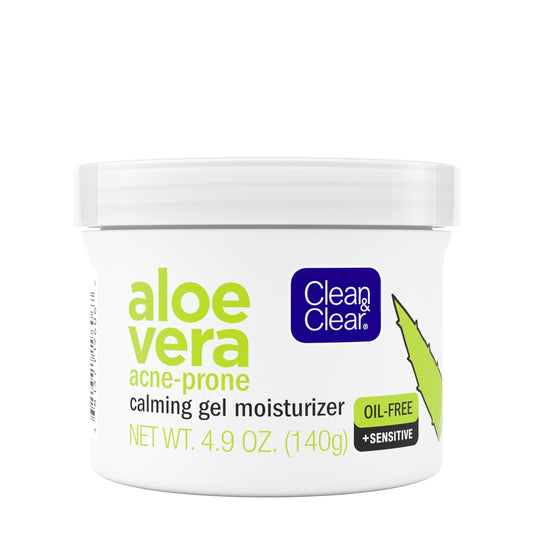 Clean & Clear Aloe Vera Calming Gel moisturizer bottle front showing sensitive-skin friendly formula.