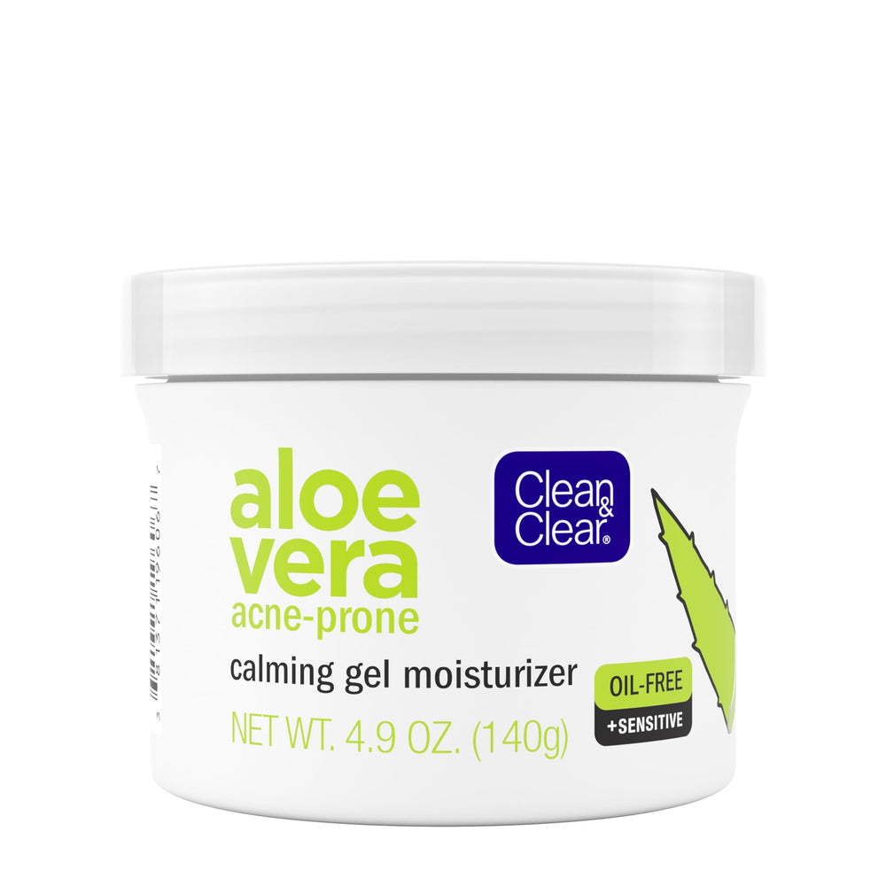 Clean & Clear Aloe Vera Calming Gel used in a daily routine on a clean bathroom counter.