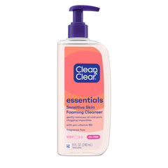 Clean & Clear Essentials bottle front; oil-free cleanser for sensitive skin that helps maintain moisture.