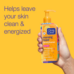 Close-up of Morning Burst label emphasizes oil-free formula for clear pores