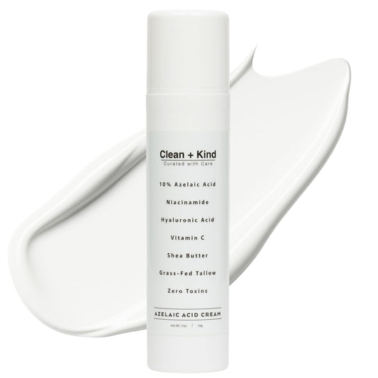 Clean + Kind Azelaic Acid 10% Cream jar shows packaging and even-tone potential.