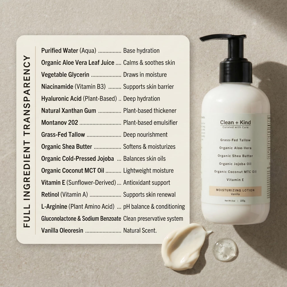 Clean and Kind ingredients label closeup emphasizing natural care.