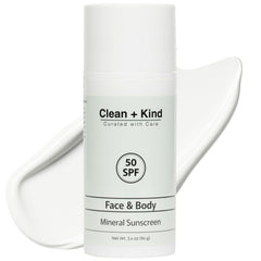 Clean + Kind Tallow Sunscreen jar close-up showing mineral SPF protection for all skin types.