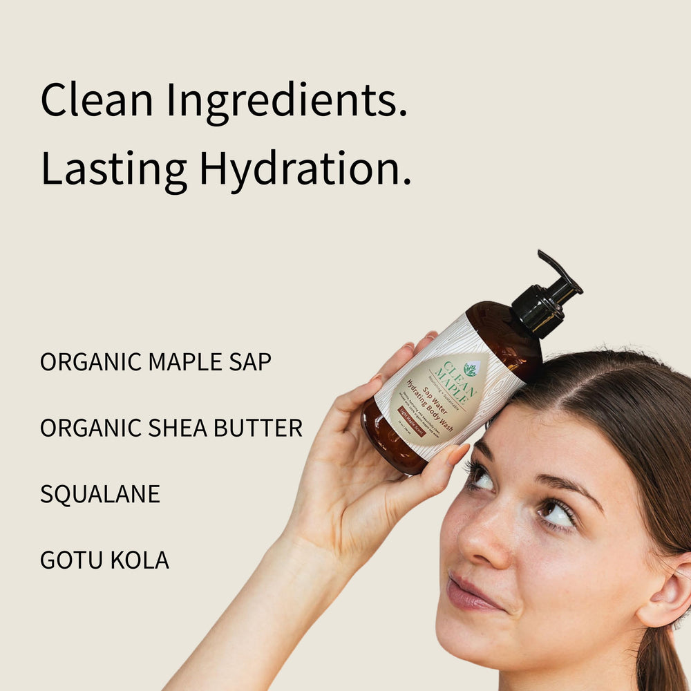 Clean Maple Sap Water Hydrating Body Wash amber bottle signals sustainable packaging and a calming forest aroma.