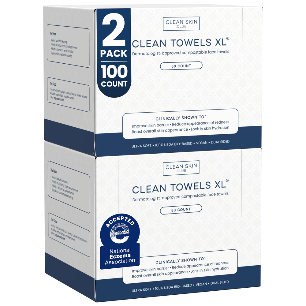 Clean Skin Club Clean Towels XL box showing 100 dry towels.