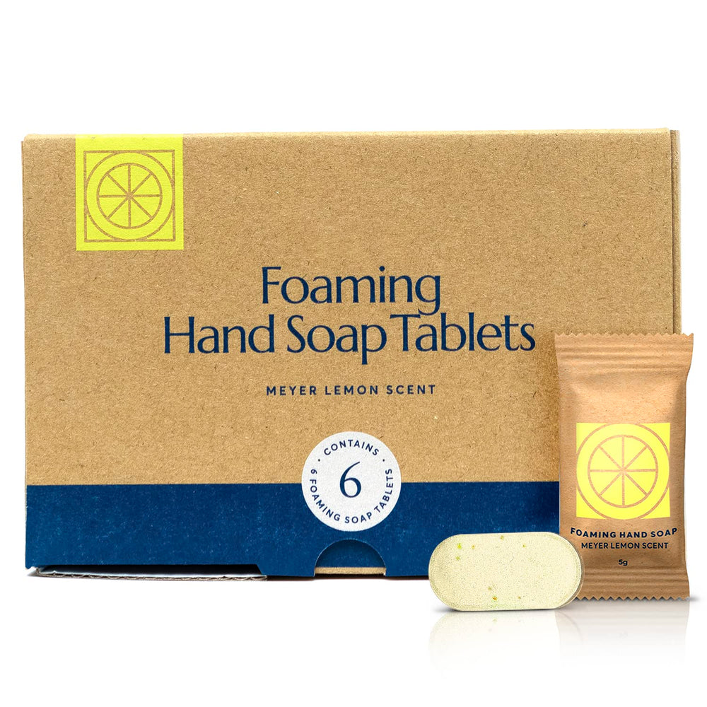 Cleanomic Meyer Lemon foaming soap tablet pack shot highlighting eco refill
