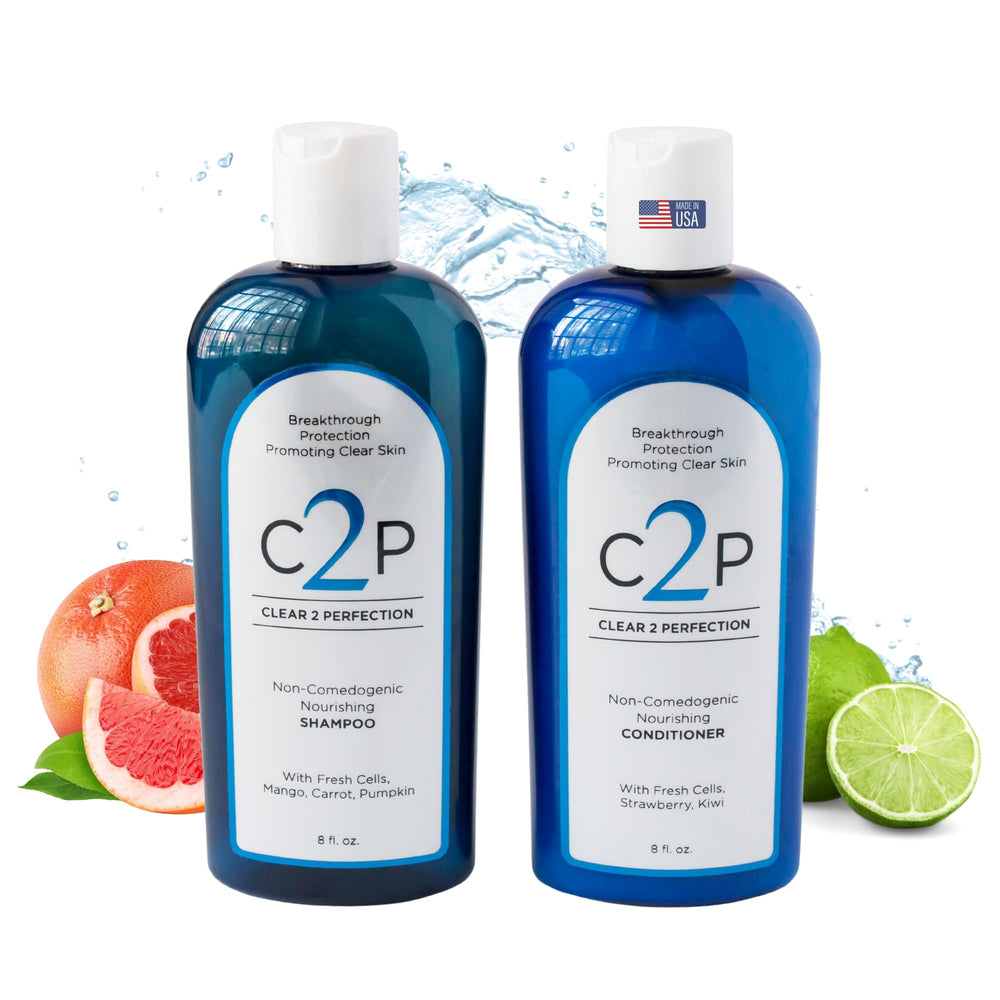 Clear 2 Perfection bottle pour illustrating gentle acne-prone skin cleansing