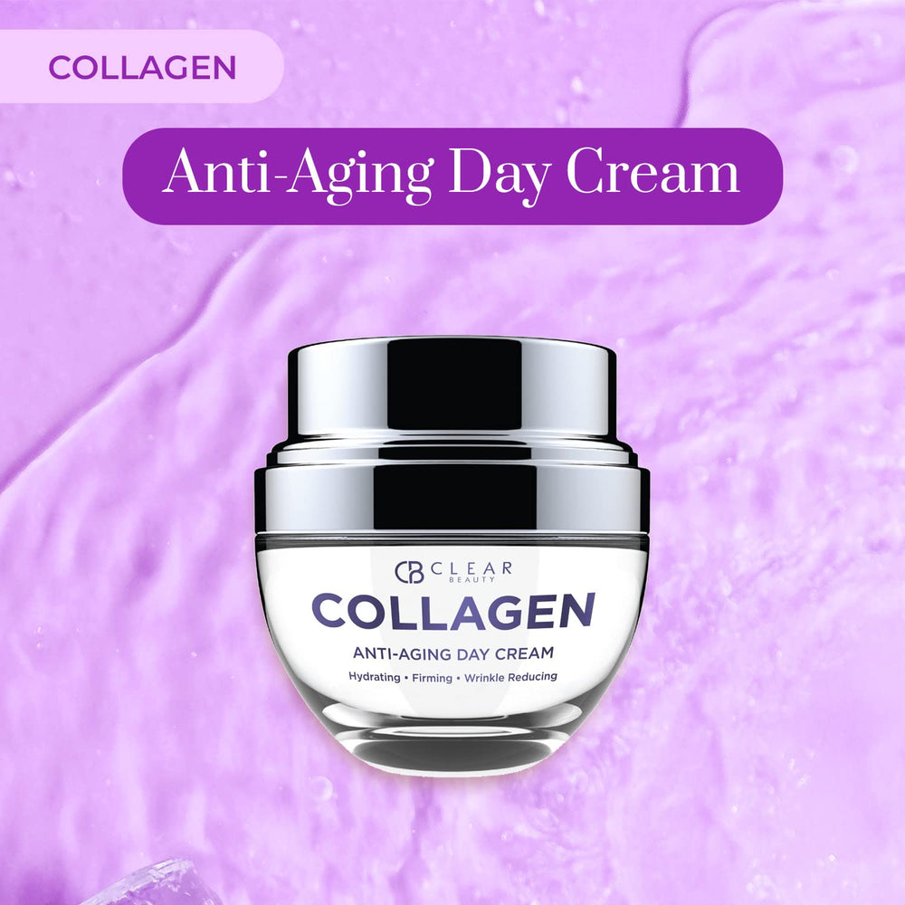 Clear Beauty collagen day & night bottle close-up emphasizes silky finish.