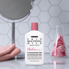 Product on bathroom shelf signals an easy routine for dry skin care.