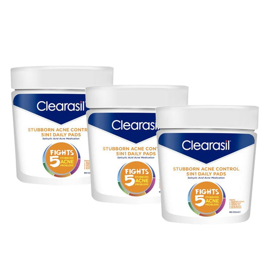 Clearasil 5-in-1 pads packaging with 90 pads per pack, triple pack for daily care.