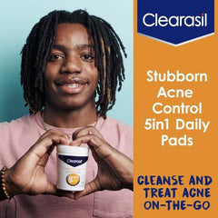Product shot emphasizing exfoliation and oil control in Clearasil formula.