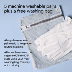 Gloves being prepared for washing in the included bag