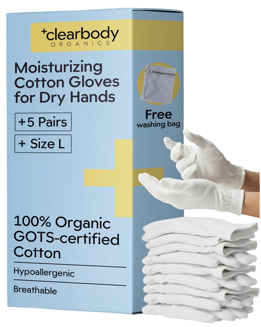 Clearbody Organics organic cotton gloves pack for overnight hydration and soft hands.