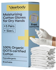 Clearbody Organics organic cotton gloves pack for overnight hydration and soft hands.