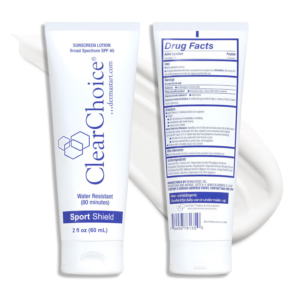 ClearChoice Sport Shield SPF 45 bottle showing lightweight mineral protection.
