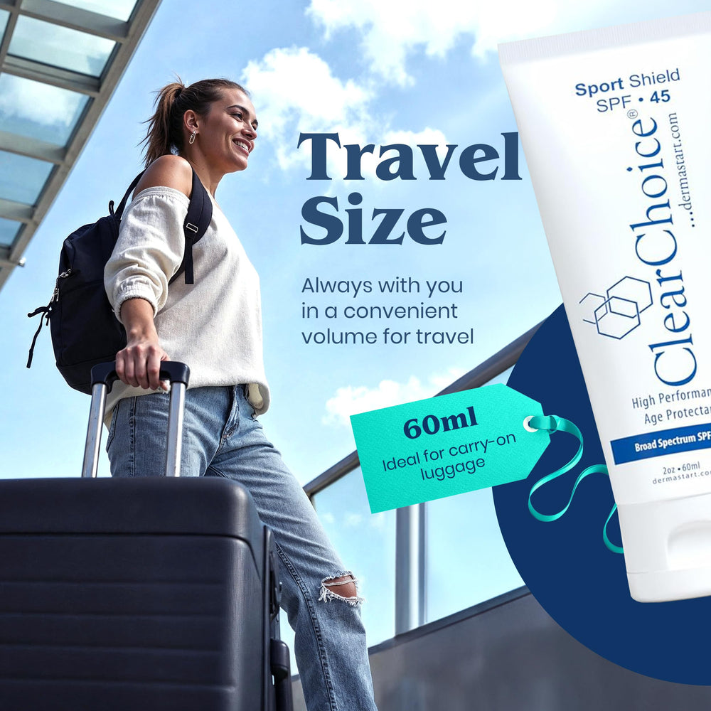 Ingredient highlights of ClearChoice Sport Shield SPF 45 featuring hyaluronic acid.