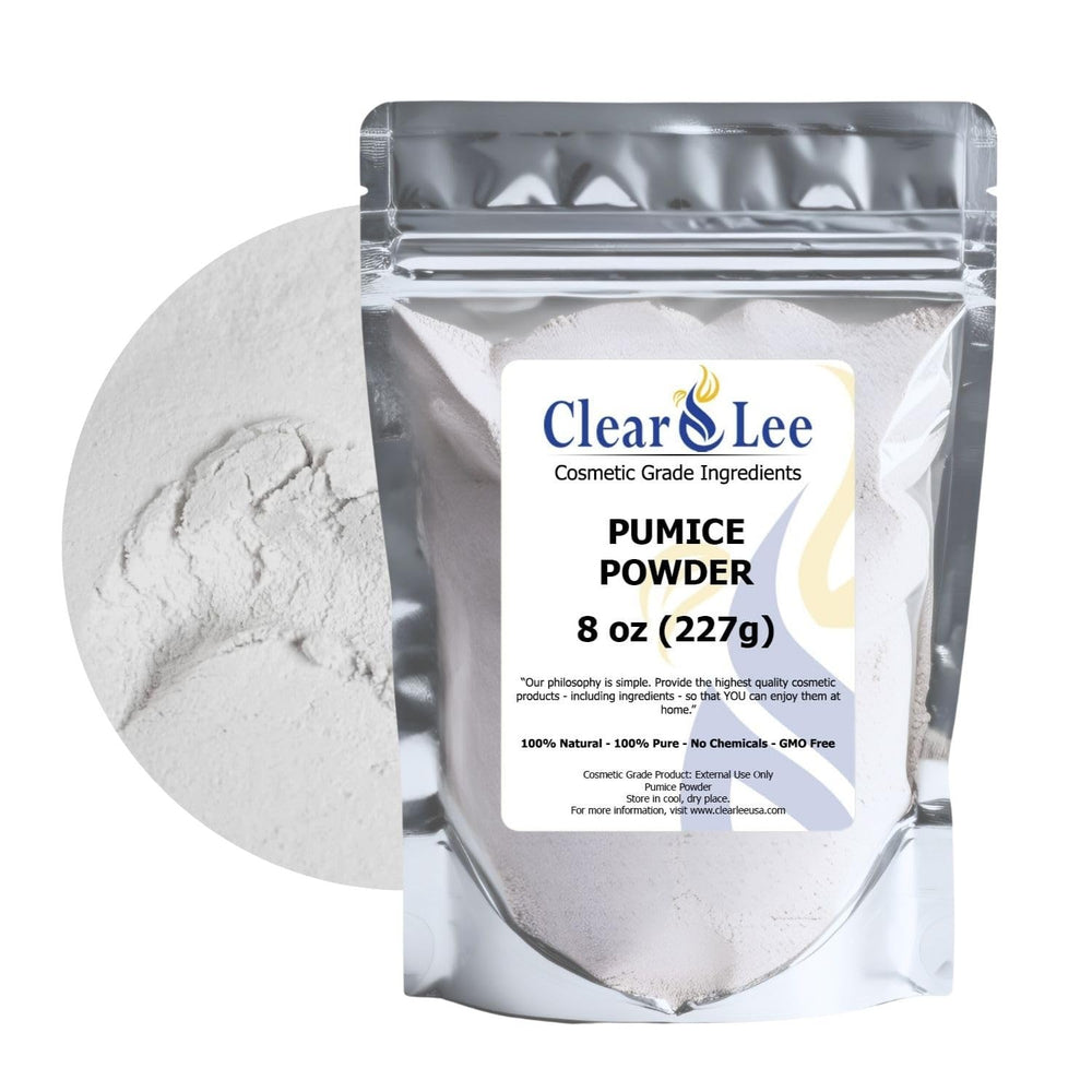 ClearLee cosmetic grade pumice packaging bag closeup shows eco-friendly recyclable packaging for home exfoliation.