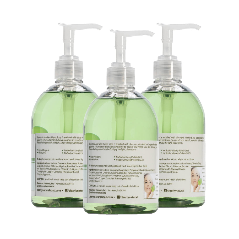 Clearly Natural Essentials Tea Tree Hand Soap bottle closeup shows gentle cleansing and hydration.