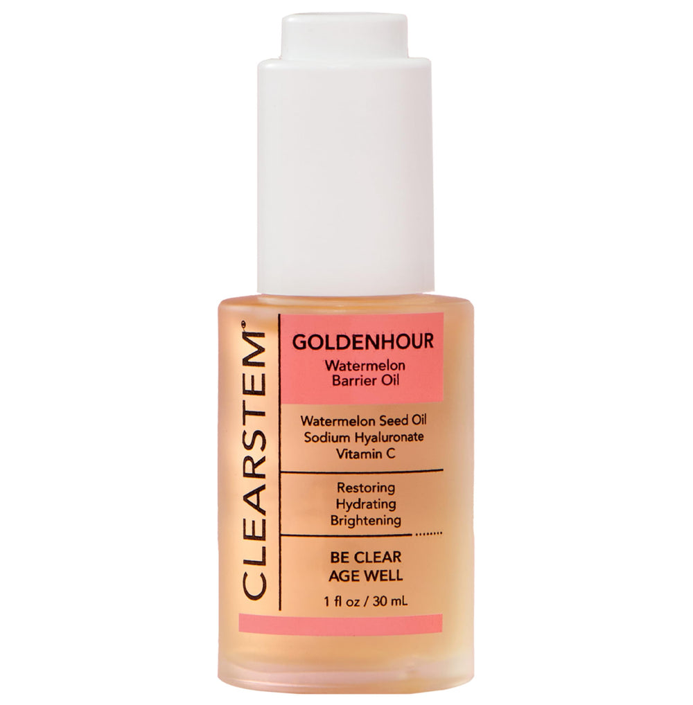 CLEARSTEM GoldenHour Hydrating Facial Oil bottle pour enhances hydration with a lightweight feel.