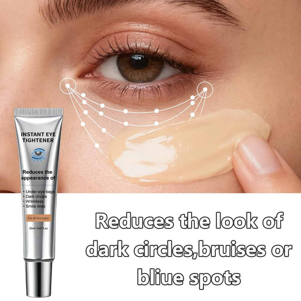 Visual of under-eye puffiness reduction with CLERVUN lifting serum.