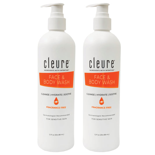 Cleure face and body cleanser bottle 2-pack ready for gentle cleansing and hydration.