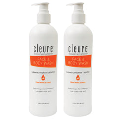Cleure face and body cleanser bottle 2-pack ready for gentle cleansing and hydration.
