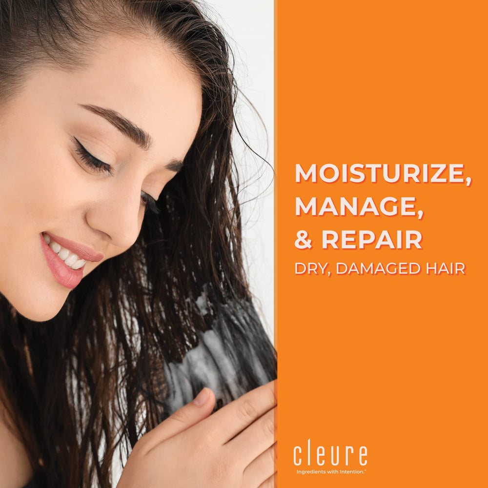 Cleure free-and-clear conditioner pack shot shows unscented formula for all hair types.