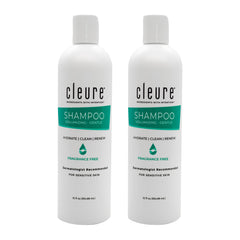 Cleure hypoallergenic shampoo bottle front: fragrance-free formula for sensitive scalps.