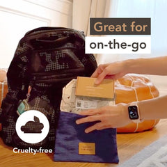 Clever Yoga travel-ready kit, compact design fits bags without spills.
