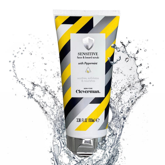 Cleverman Sensitive Face and Beard Scrub bottle front for gentle cleansing