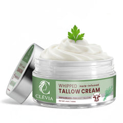 CLÉVIA grass-fed tallow cream jar highlighting deep hydration for face and body.