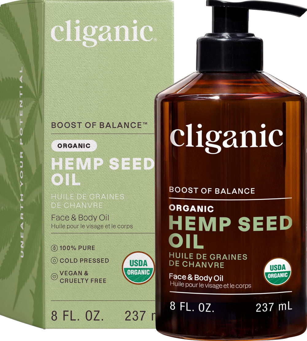 Cliganic hemp seed oil bottle showing pure, cold-pressed formula for skin and hair care.