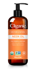 Cliganic Neem Oil 16oz bottle close-up highlighting pure organic formula for skin and plants.