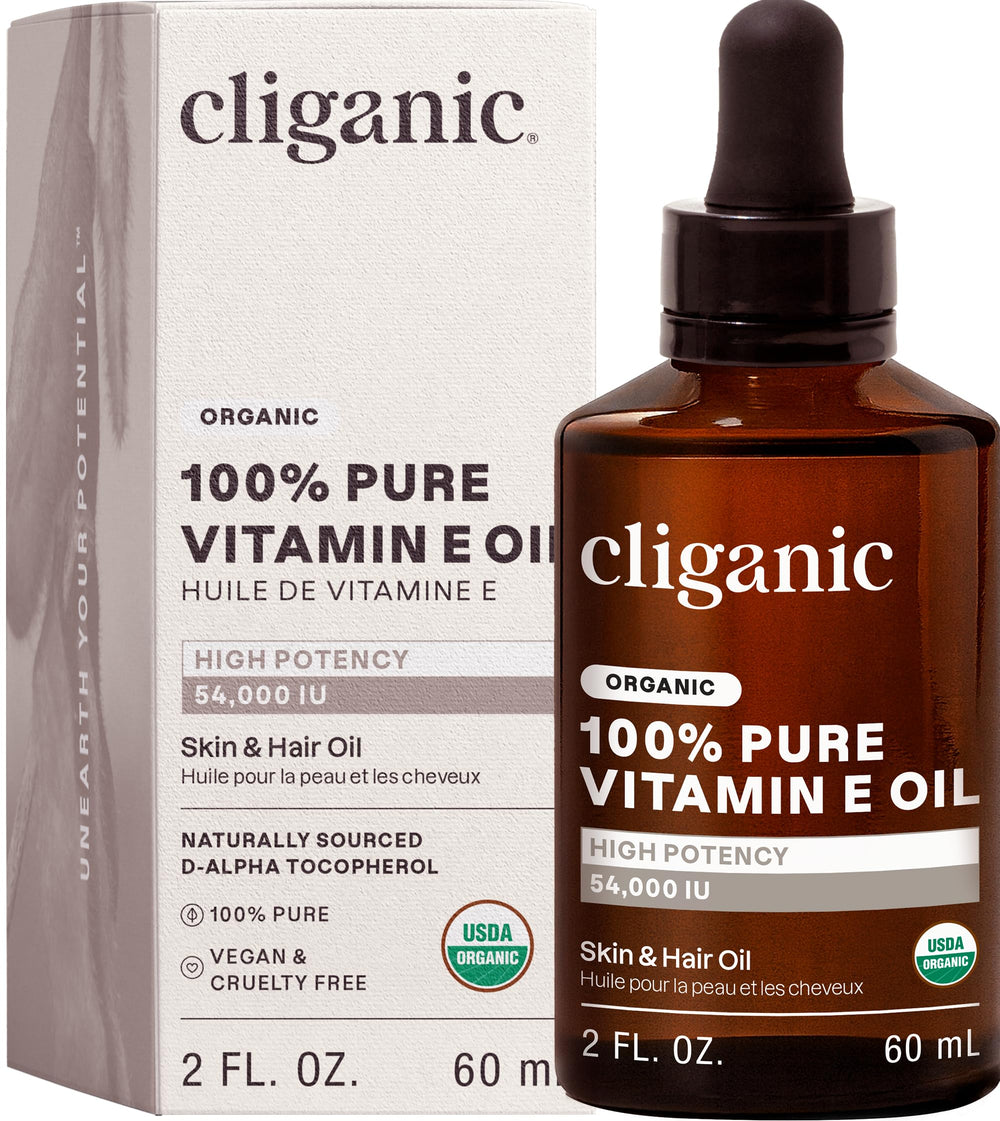Cliganic Organic Vitamin E oil bottle pour for radiant skin and hair care